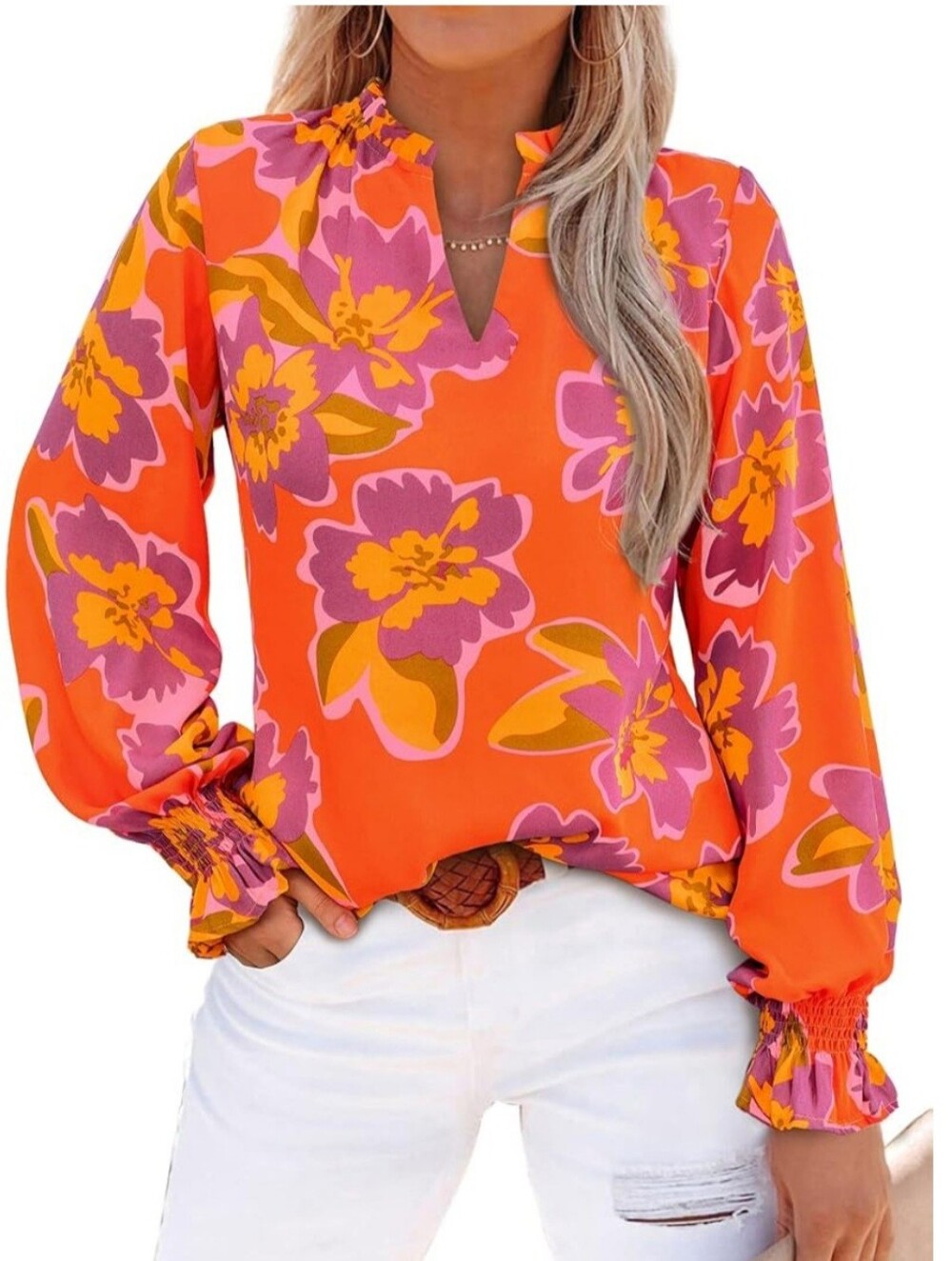 Mascomoda Top Orange  & Purple  Floral Blouse Large  V Neck |Smocked Cuffs Lined